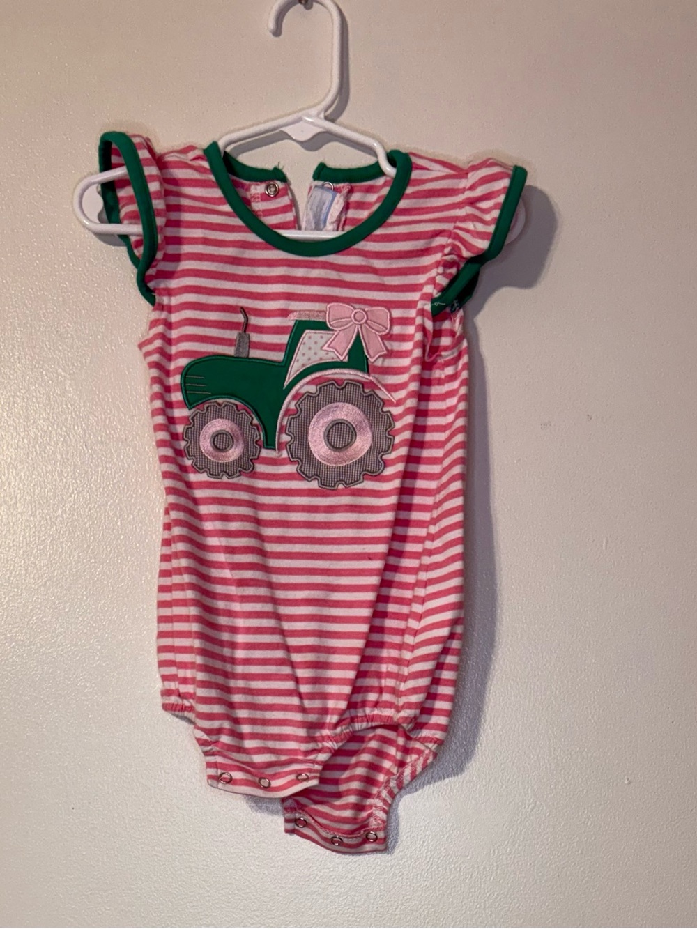 Pink & White Striped Trotter St Baby Romper with Green Tractor Applique